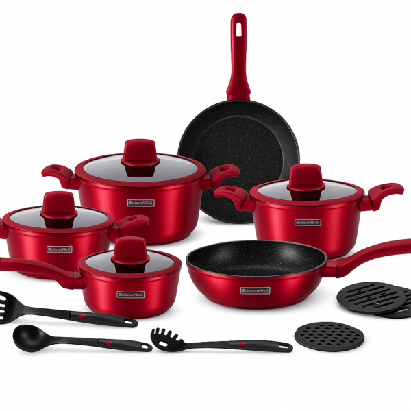 Royalty Line® 15-dielny indukčný set hrncov s mramorovým povrchom, silikónovými držiakmi a podložkou PLUS kuchynské náčinie T15 Červená