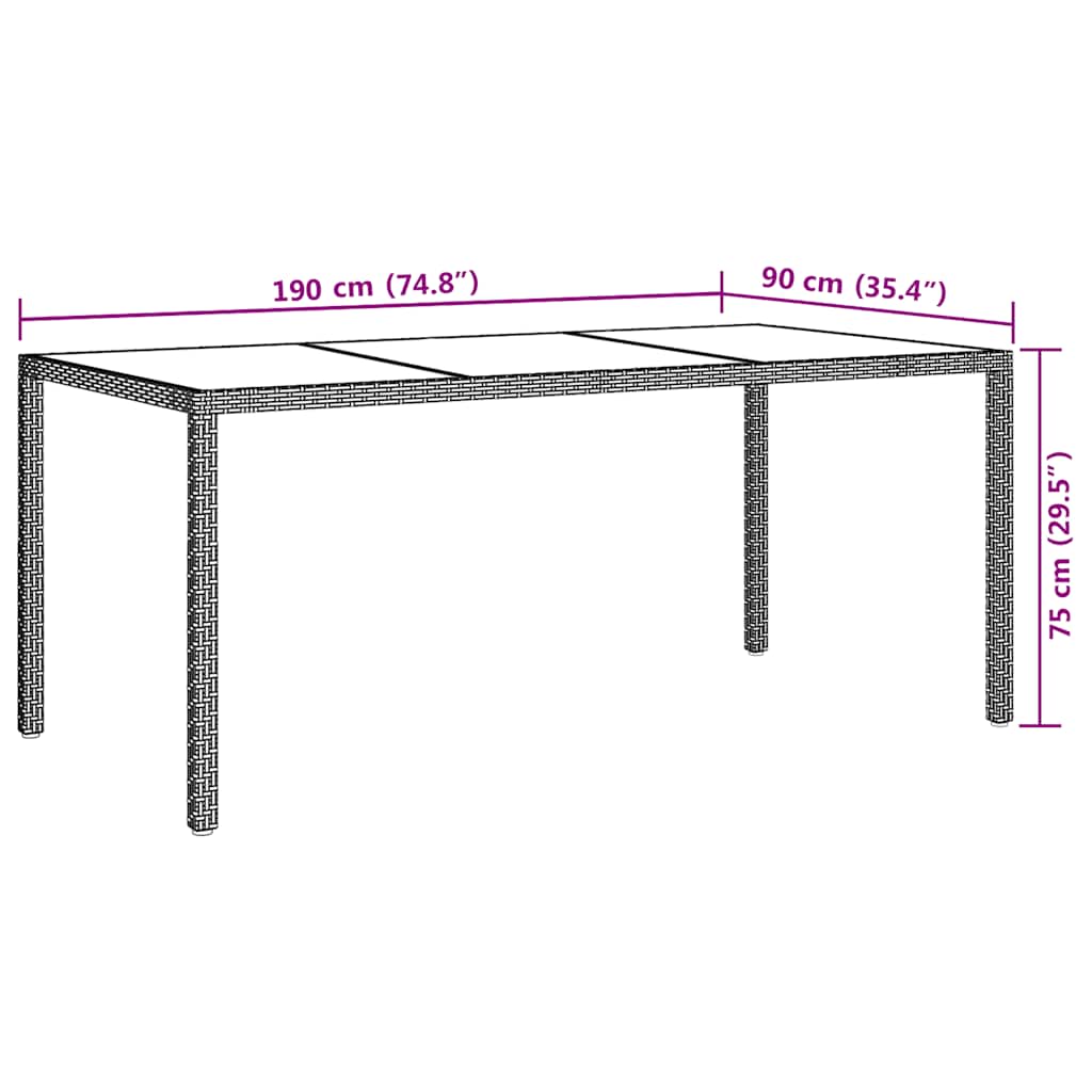 vidaXL Záhradný stôl hnedý 190x90x75 cm tvrdené sklo a polyratan-7