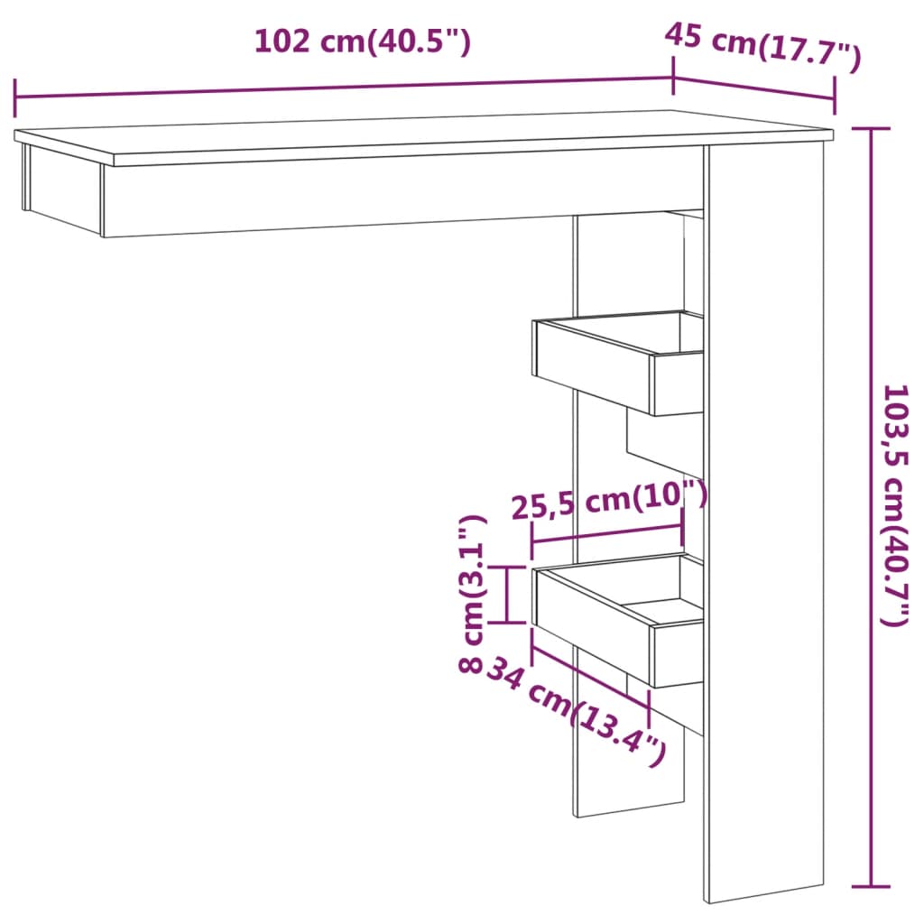 vidaXL Nástenný barový stôl sonoma 102x45x103,5 cm spracované drevo-9
