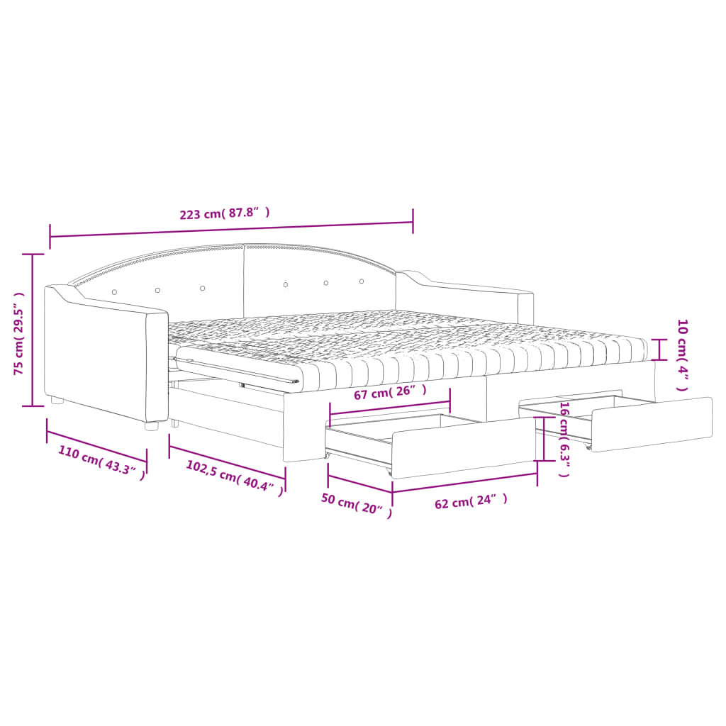 vidaXL Rozkladacia denná posteľ so zásuvkami tmavosivá 100x200cm látka-14