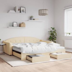 vidaXL Rozkladacia denná posteľ so zásuvkami krémová 100x200 cm látka-1