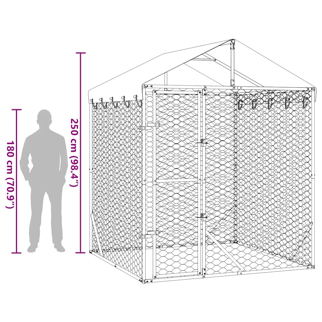 vidaXL Vonkajší koterec pre psov so strechou strieborný 2x2x2,5 m oceľ-9