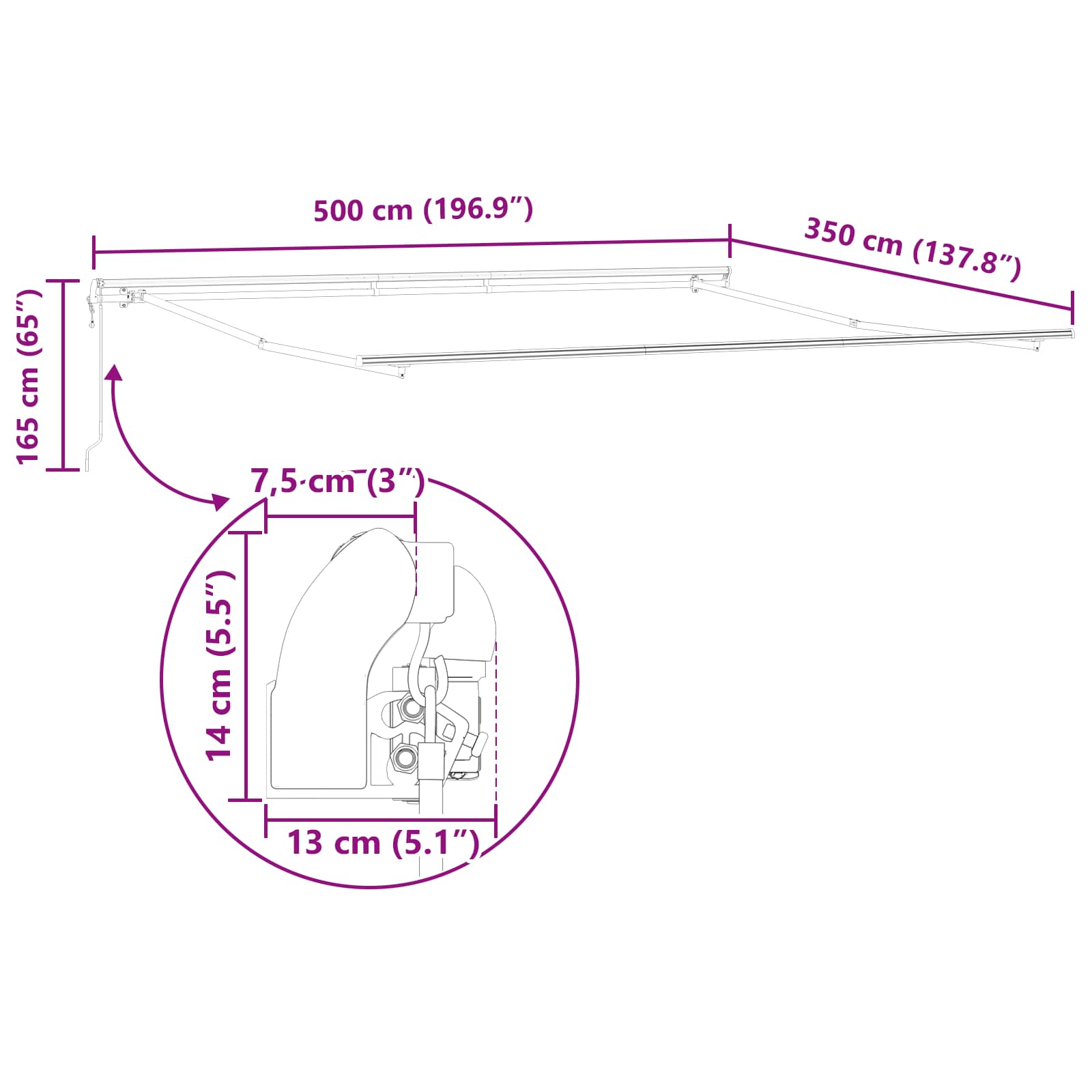 vidaXL Sklopná markíza Biela 500 × 350 cm Tkanina a hliník-14
